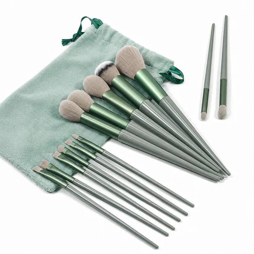 13Pcs Makeup Brushes Set Foundation Blush Powder Eyeshadow Kabuki Green with Bag - Image 2 of 4