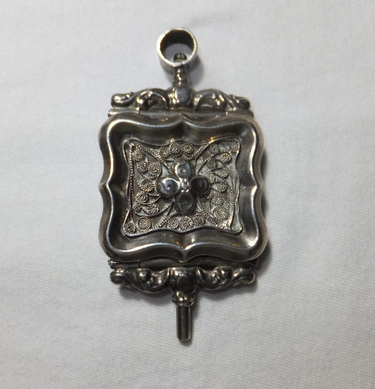 VINTAGE ANTIQUE SILVER STYLIZED BEADED FLORAL POCKET WATCH FOB WITH KEY