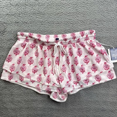 Roller Rabbit Shorts Womens Medium Pink Floral Ruffle Lined Lounge Drawstring