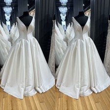 Simple Wedding Dresses V Neck Satin A Line White Ivory Sweep Train Bridal Gowns