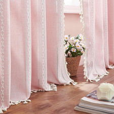 Linen Boho Pink Embroidered Curtains For Girls Bedroom  Nursery - 84" Long