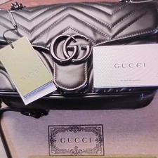 Gucci GG Marmont Black Quilted Chain Shoulder Bag Chevron Logo Accent