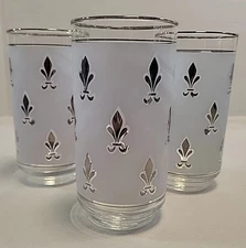 Vintage Libbey tumbler glasses Fleur De Lis Frosted 5 5/8” silver trim set of 3