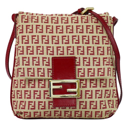 FENDI Zucchino 8BR075 Canvas Shoulder Crossbody Bag Beige Red Gold
