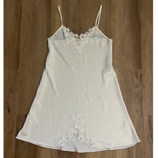 Vtg White Satin Lace embroidered Trim Slip Dress Bridal Bachelorette Chemise S