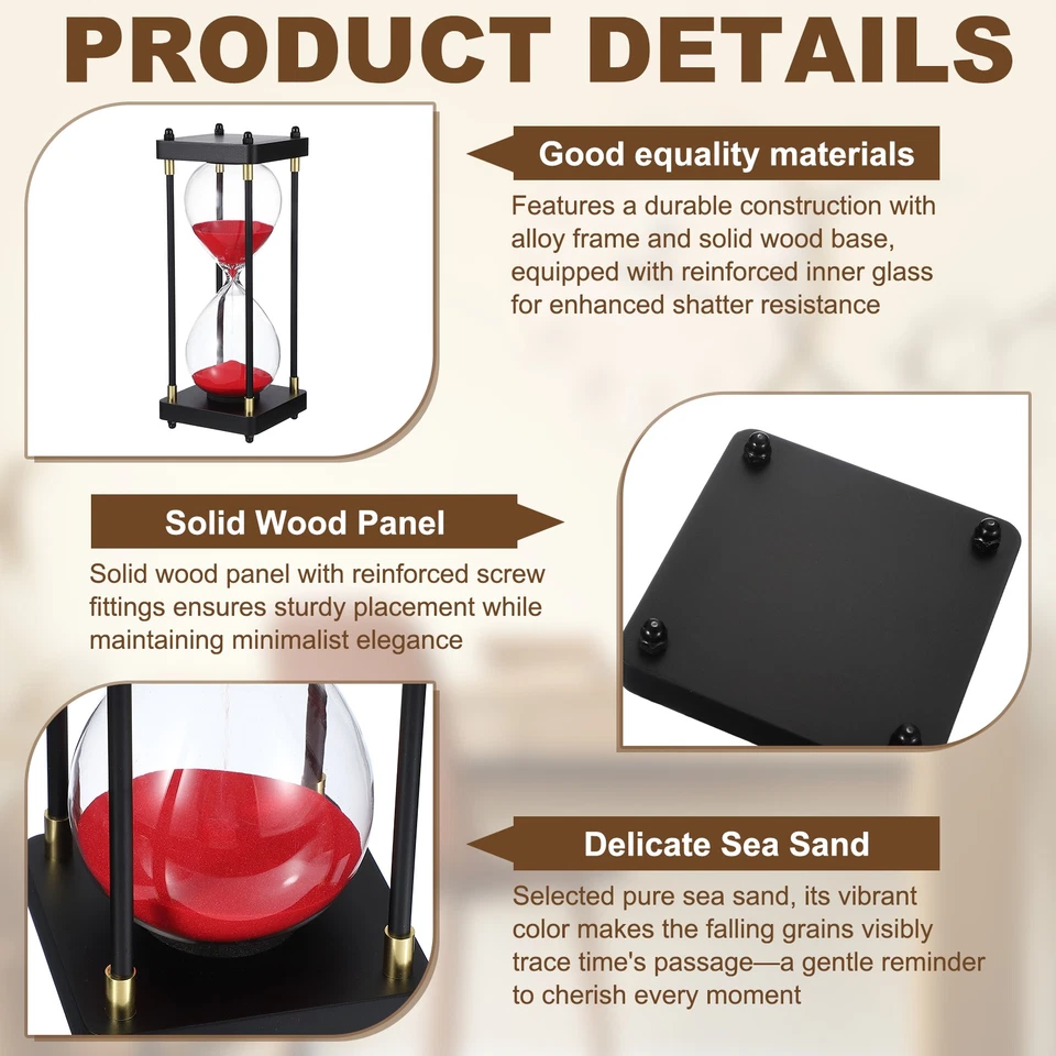 Большой декоративный песочный таймер, 60 мин современный деревянный часовой стакан, красный (стиль 1) - Изображение 3 из 4