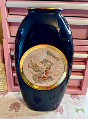 Japanese Chokin Art Vase Blue Gold Trim Dragon Design Handmade