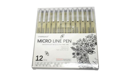 Charsoco Micro Line Fineliner Pen Set 12 Black Pigment Waterproof Ink Drawing