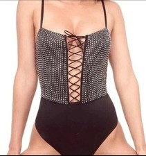 For Love Lemons Rhinestone Thong Back Black Lace Up Front Bodysuit XXS