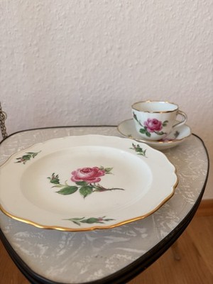 Antique Meissen Porcelain Set   Plate, Cup & Saucer   Crossed Swords Rose c.1925