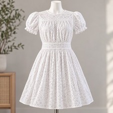 J.Crew Eyelet Mini Dress Womens 4 White Puff Sleeve Cottagecore Embroidered