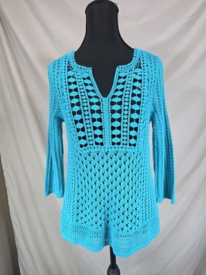 Chicos Sweater Blue Open Knit 3/4 Sleeve SIZE 0P Summer Yet Sexy