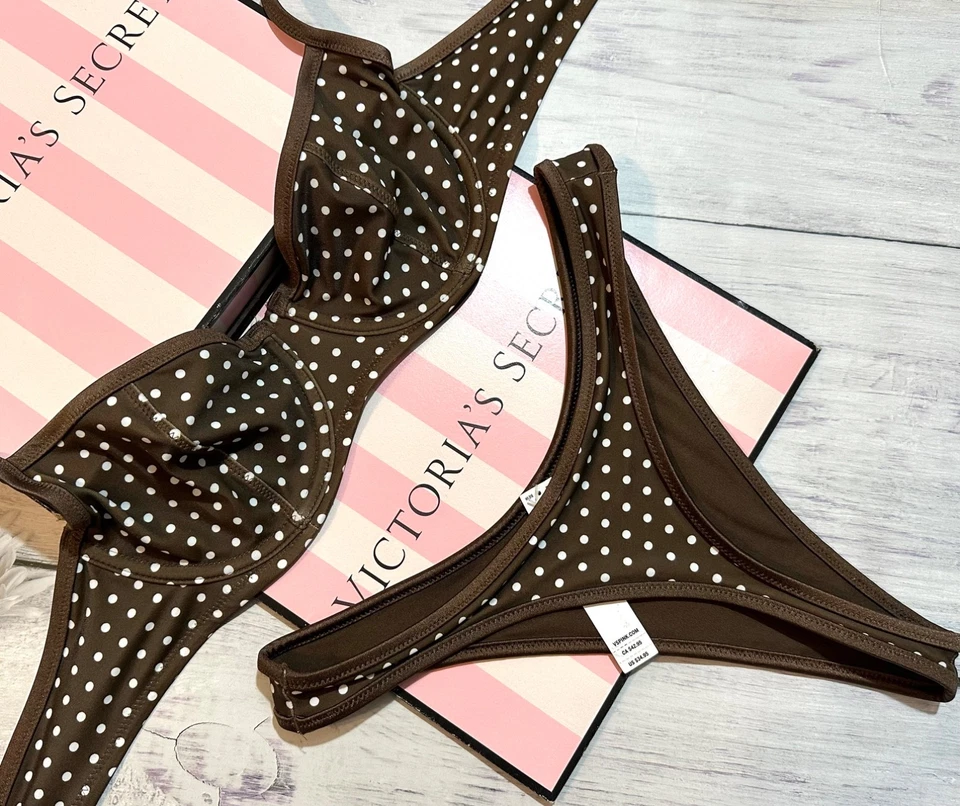 Victoria's Secret PINK by Frankies Chocolate Polka Dot Thong Bikini Set M - Image 3 of 4