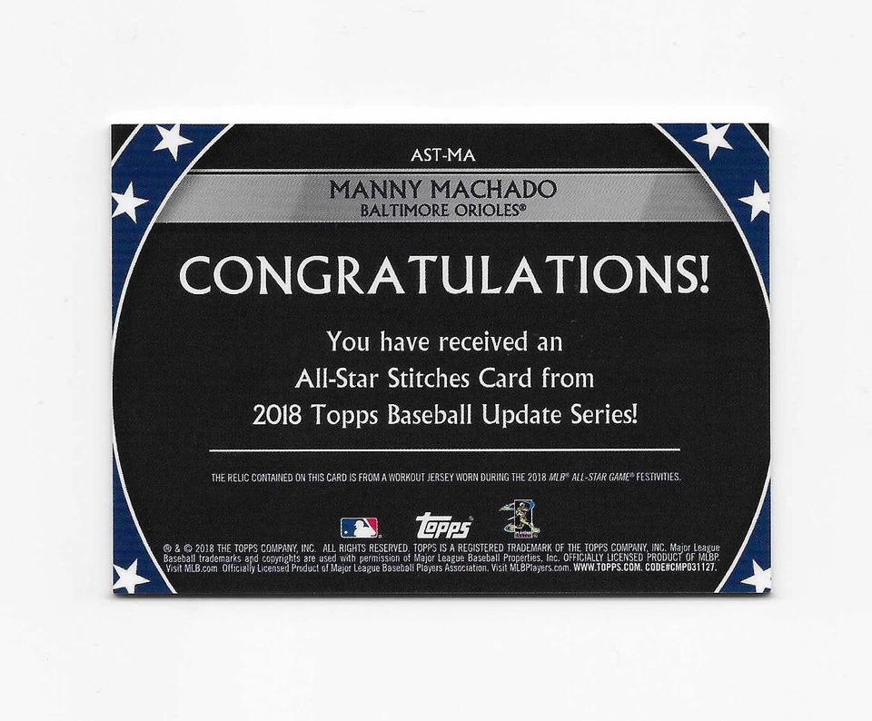 2018 Topps Update ALL STAR GAME JERSEY Stitches Manny Machado San Diego Padres - Image 2 of 3
