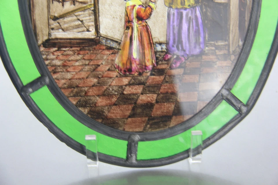 Pequeño panel ovalado antiguo pintado a mano y vitral "Madre e hija" Foto 4 de 4