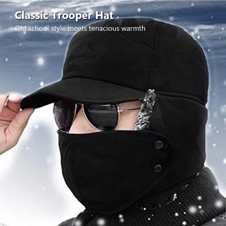 Hombres Invierno Trampero Sombrero Piel Oreja Solapa Cálido Aviador Gorra Máscara Facial A Prueba de Viento Térmica Foto 2 de 4