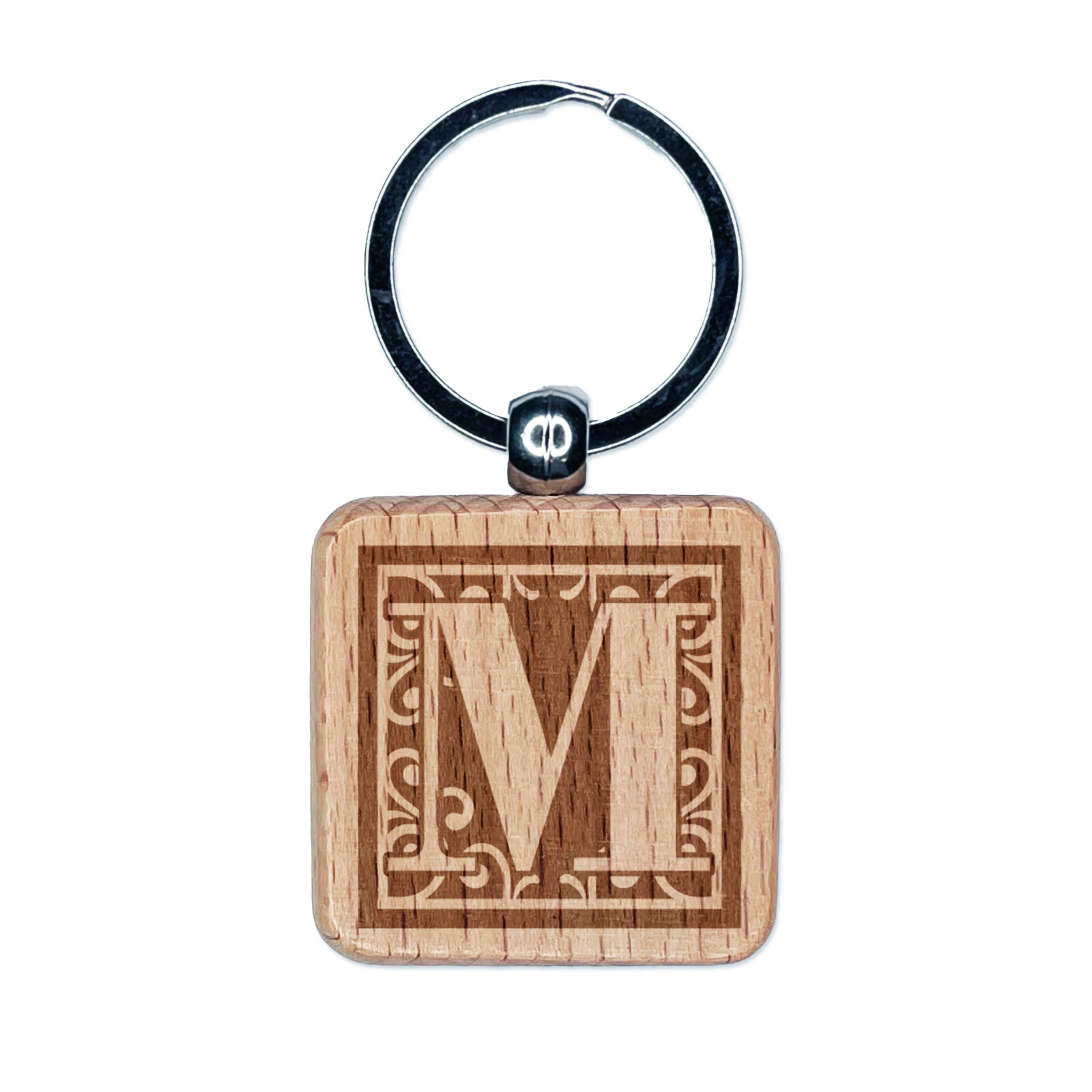 Monogram Swirls Letter M Engraved Wooden Square Keychain Charm  