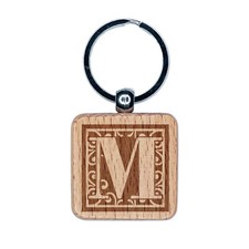 Monogram Swirls Capital Letter M Engraved Wood Square Keychain Tag Charm