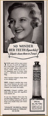 1934 Colgate's Ribbon Dental Cream Print Ad Beautiful Blonde with Sparkle 