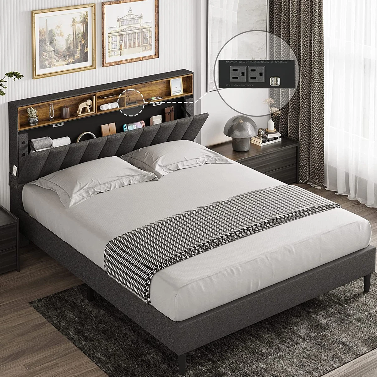 Platform bed with shelf headboard deals