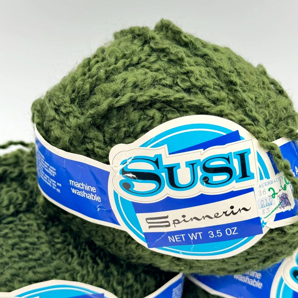 3 Vintage Balls Spinnerin SUSI Olive Green Crinkly Acrylic & Wool Yarn - Image 2 of 4