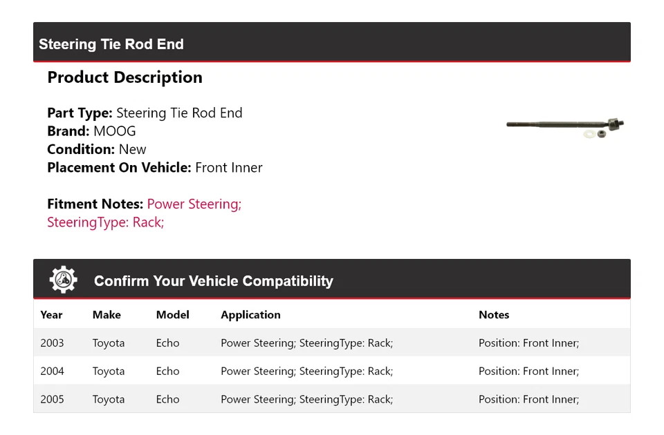 Barra de amarre interior delantera MOOG 2003-2005 2003 2004 2005 para Toyota Echo Foto 2 de 4