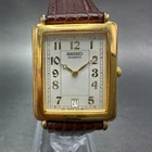 Seiko Tank Watch Men 26mm Champagne Dial Gold Tone Date Rectangle New Battery 23