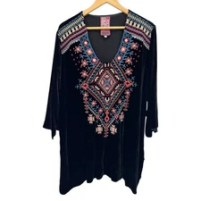 JWLA Johnny Was Black Velvet Embroidered Tunic Top Boho Luxe Festival XL Western