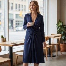 Halston Midi Dress 12 Faux Suede Imani Shirt Midnight Blue Twisted Ruched