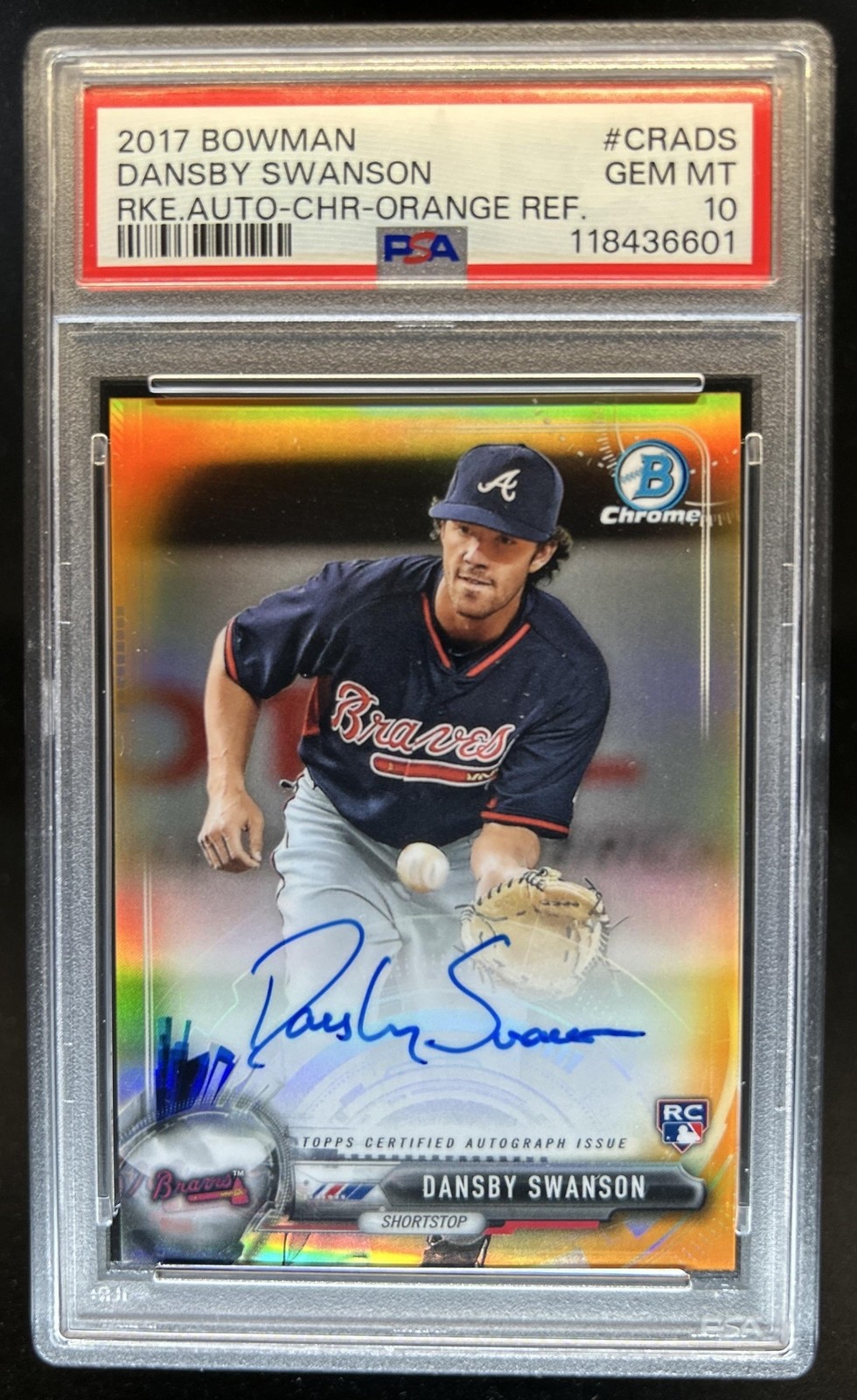 2017 Bowman Dansby Swanson Chrome Rookie Auto RC Orange #/25 Braves PSA 10