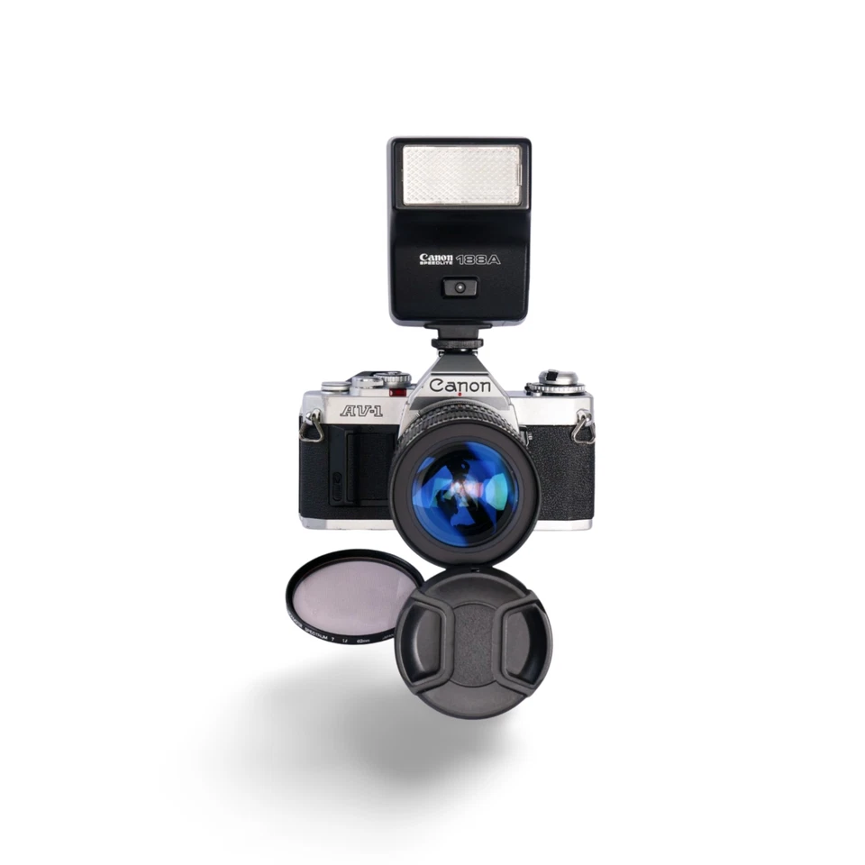 Canon AV-1 35 mm película cromada SLR + lente zoom Kiron 28-70/3,5-4,5 y kit de flash 188A Foto 4 de 4