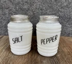 Hazel Atlas Milk Glass Beehive Salt & Pepper Range Shakers W/ Black Script Vtg