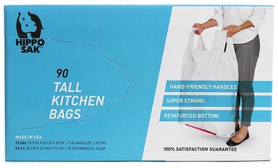 Hippo Sak - Tall Kitchen Garbage Bags with 90 Count (Pack of 1), White