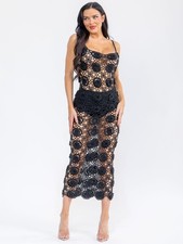 Black Crocheted Lace Overlay Maxi Dress Small Medium Bodycon Summer Travel
