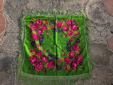 Vintage green floral scarf, Eastern European folk headscarf, traditional shawl