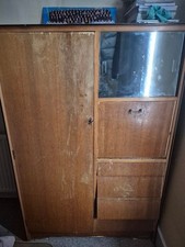 Vintage Wooden Wardrobe with Glass Door and Drawers