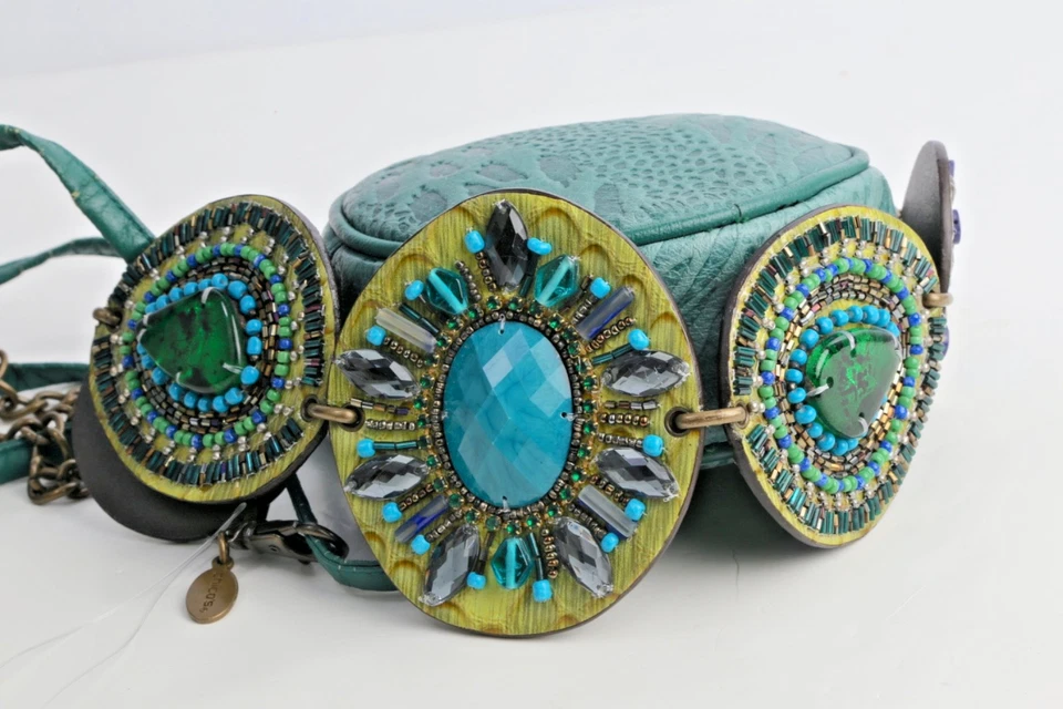 Conjunto De Colección Cinturón Concho Estrás con Cuero Verde Redondo Bandolera Raro Foto 4 de 4