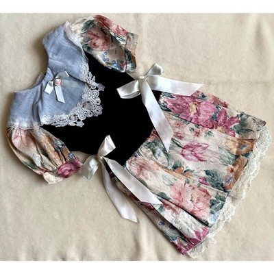 Vintage 90s Piano Kids Fashion Dress Girls 8 Multi Floral Print Lace Bow Party