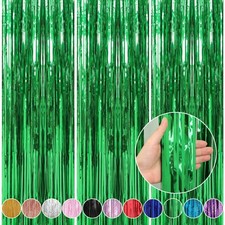 3 Pack 3.3 x 9.9 ft Green Foil Fringe Backdrop Curtain Streamer Backdrop Curt...