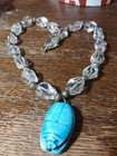 Vtg Necklace Chunky Clear Glass Beads Egyptian Scarab Pendant Statement — photo 2