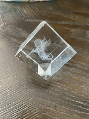 3D Laser Etched Glass Angel Fairy Wings Crystal Cube Art Paperweight