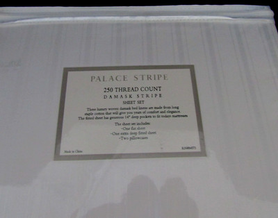 Hillcrest Palace Stripe Sheet Set White 250 Thread Count Cotton Damask NEW