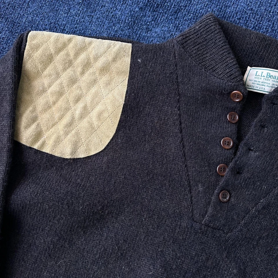Vintage L.L. Bean Sweater Mens XL Brown Henley Knit Shooting Patch Made USA 90s - Image 2 of 4