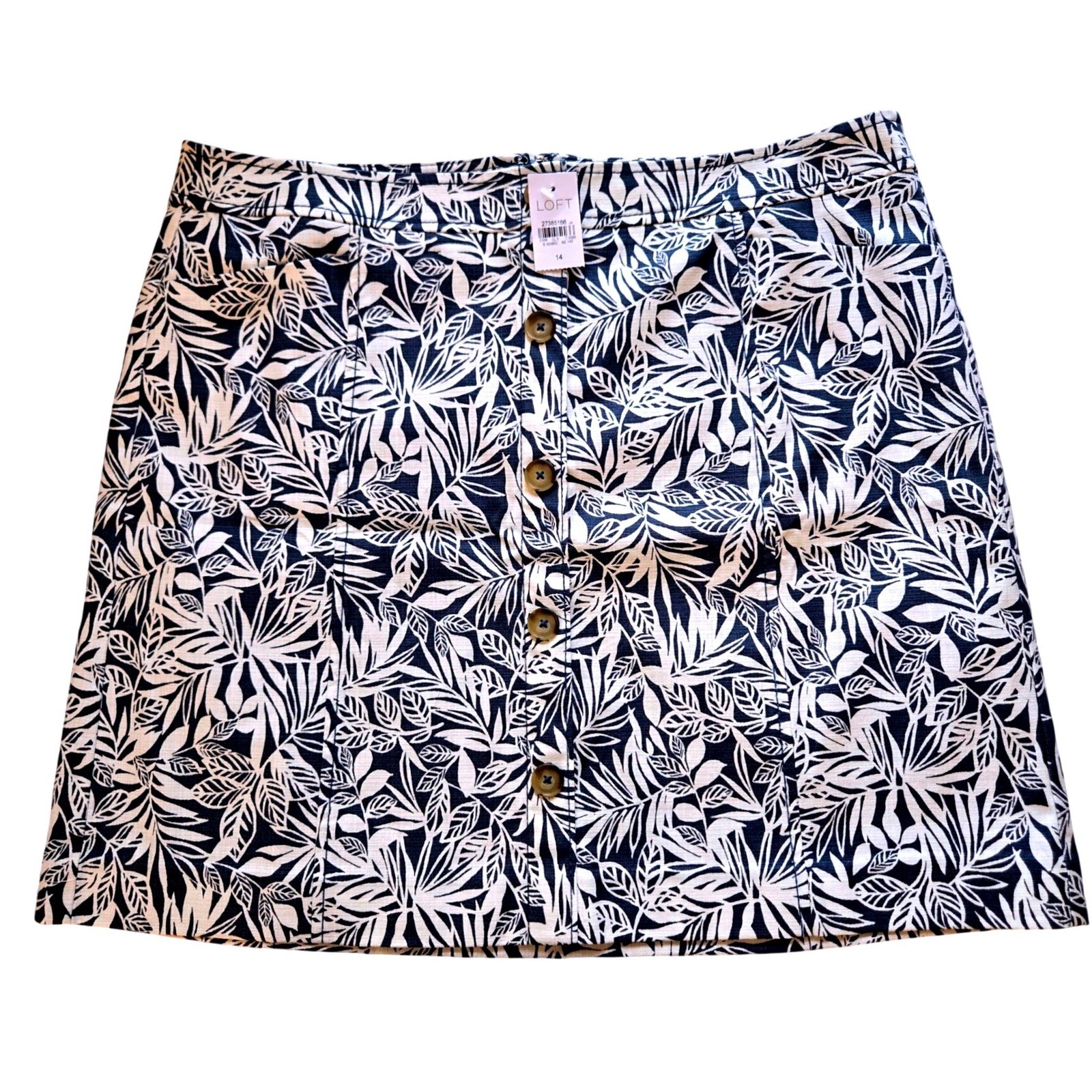 LOFT Navy Blue White Tropical Leaf Button Front A-Line Mini Skirt Size 14 NWT