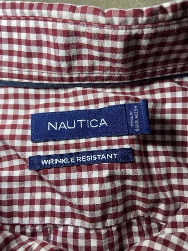 Nautica Wrinkle Resistant Shirt Men's XL Red Gingham Check Button Down image 3