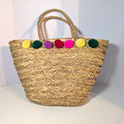 Olivia Miller Pom Pom French Market Tote Bag Woven Straw, Zip, Lined Beach Purse