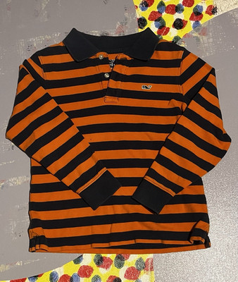 Vineyard Vines Boys Striped Long Sleeve Collared Polo Orange/Navy Size 5t