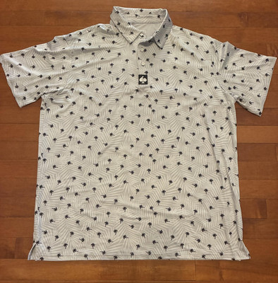 Pins & Aces Polo Shirt Mens 2XL Gray Palm Tree Print Performance Golf Tropical