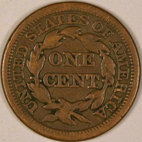 Moneda de 1 centavo de cobre 1848 "Liberty Head" cabello trenzado, centavo grande, muy fina - Imagen 4 de 4