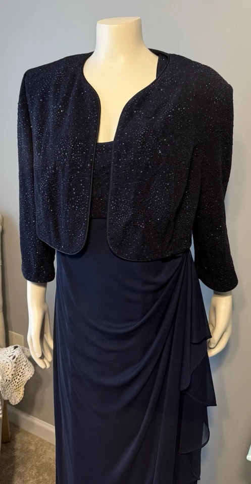 Alex Evenings 女式 Empire 腰部 Bolero 夹克连衣裙 16 码海军蓝,正式长款 — 第 3/4 张图片